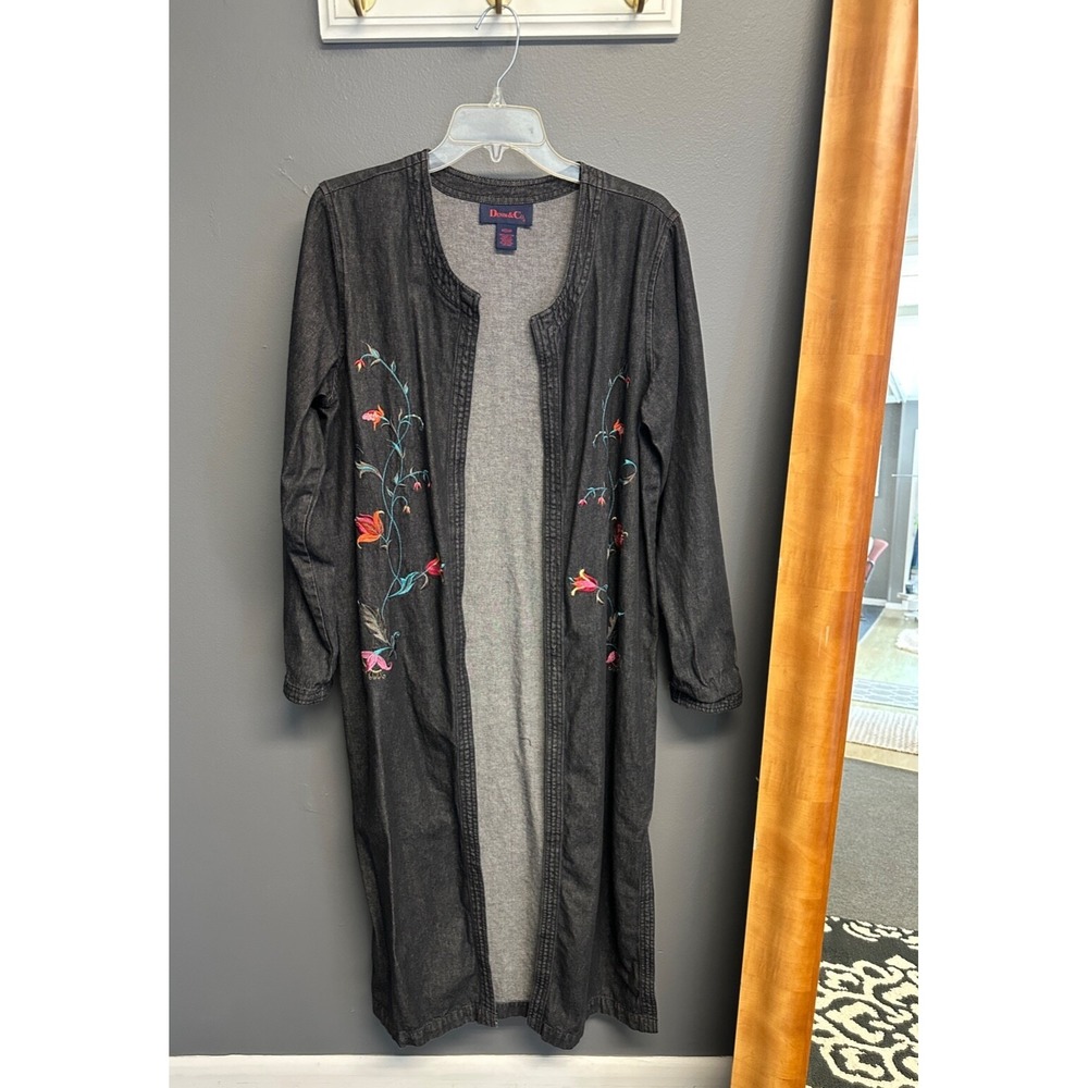 Denim‎ & Co Women's Medium Jacket Embroidered Floral Open Black Gray Jean Duster
